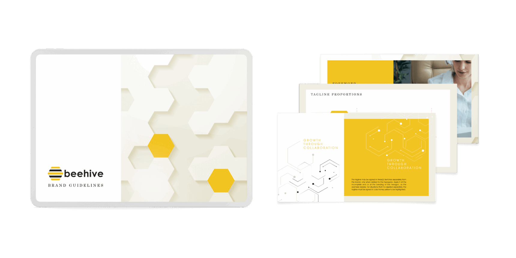 Beehive brand manual mockup showcasing visual guidelines, tagline usage, and brand identity design elements created to ensure brand consistency.