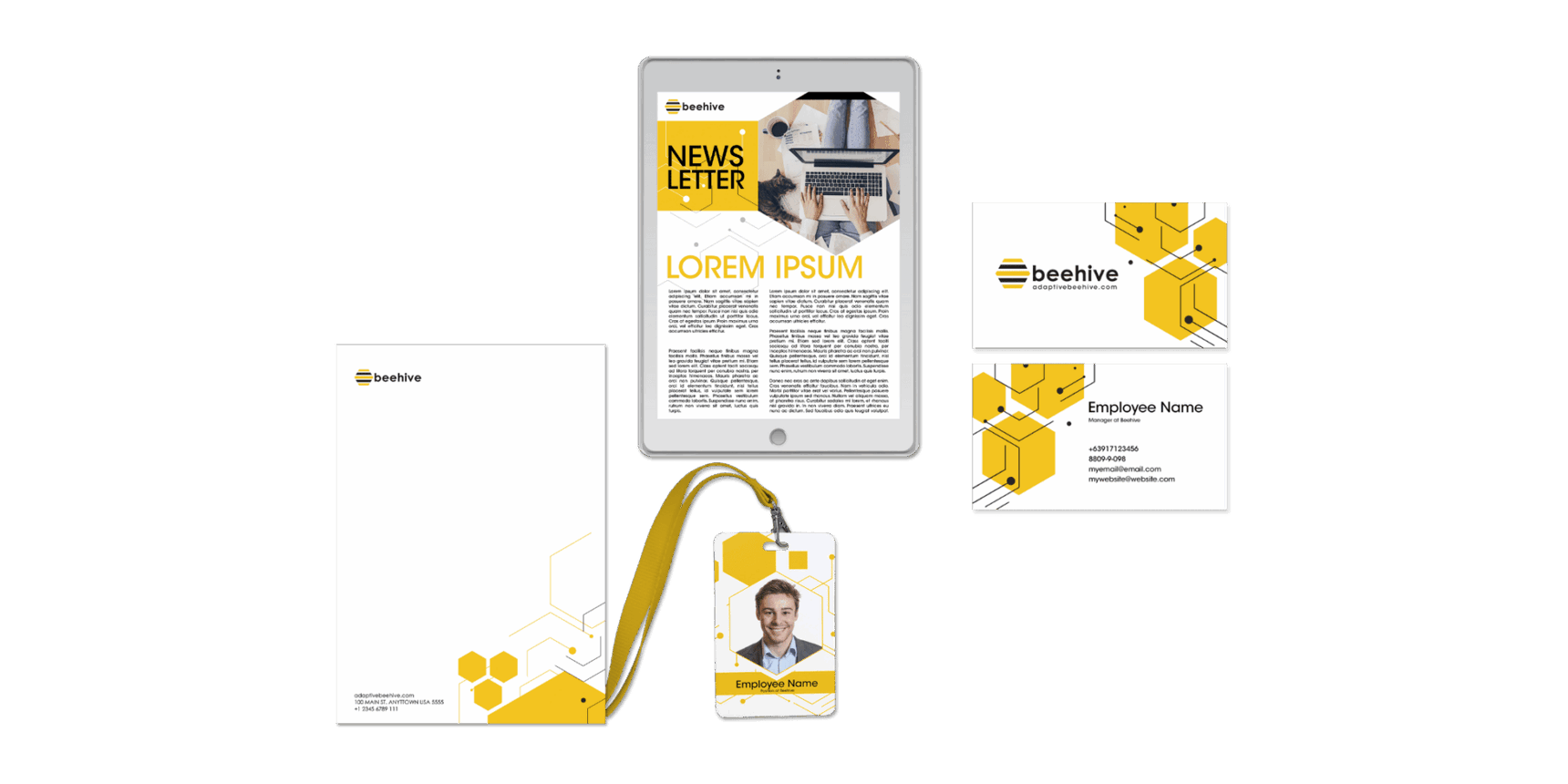 Beehive brand marketing collateral including newsletter, business cards, ID badge, and letterhead, designed for cohesive brand communication and identity.