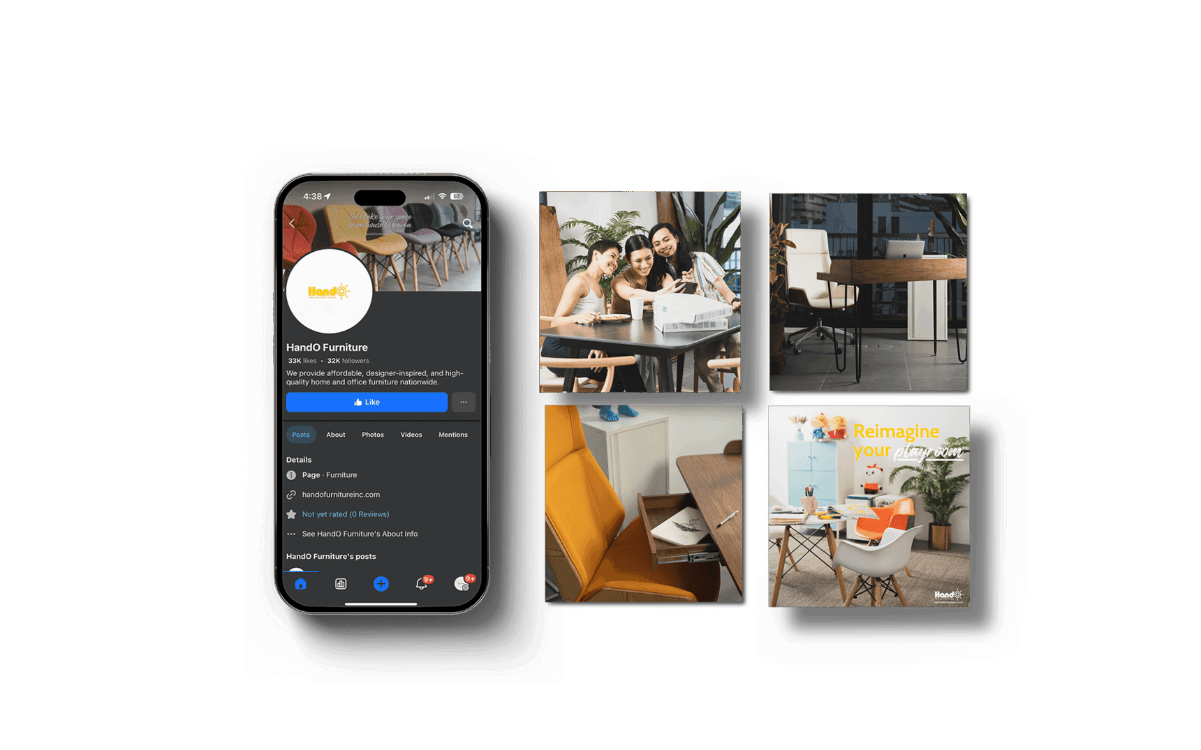 HandO Furniture Facebook page and social media content showcasing product highlights, lifestyle imagery, and furniture marketing for home and office spaces.