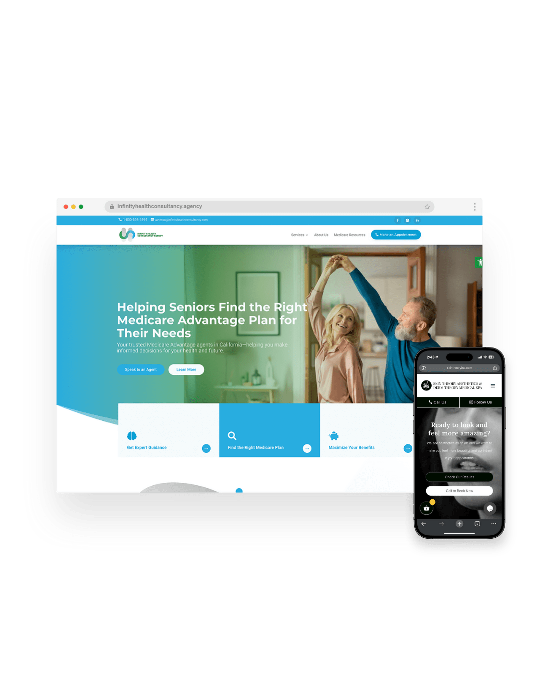 healthcare-and-medspa-web-design-by-create-mnl-Wordpress-project Website mockups of Infinity Health Consultancy and Skin Theory Aesthetics designed by Create MNL, showcasing responsive healthcare and medspa web design.