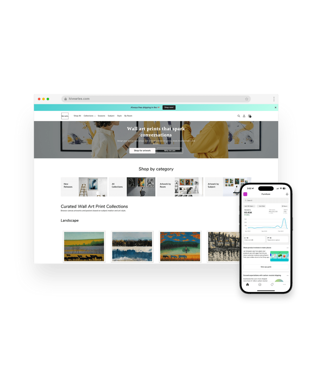 hive-artes-ecommerce-web-design-by-create-mnl Hive Artes e-commerce website and mobile analytics view, showcasing Create MNL’s work in digital marketing and web design for wall art print businesses.