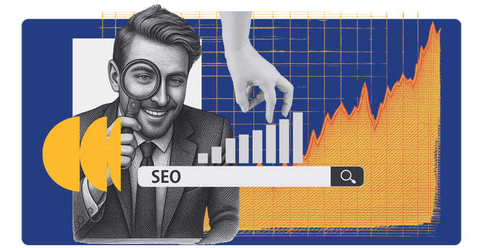 A stylized digital illustration exploring how long does SEO take to see results, featuring a businessman looking through a magnifying glass next to a search bar with the text "SEO." The background shows a rising orange line graph and a hand placing a bar onto a growth chart, symbolizing website traffic and keyword ranking growth over time.